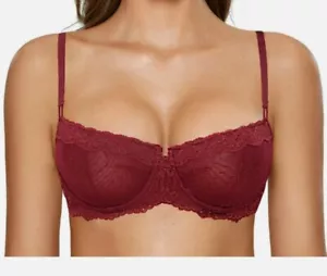 DOBREVA Women's Balconette Bra Sexy Lace Unlined Underwire See Through Sheer - Picture 1 of 6