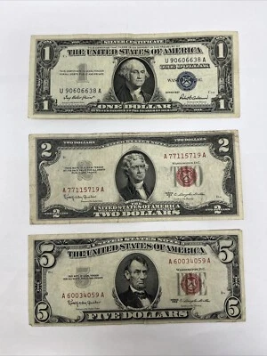 3 Note Lot $1 (1957 Silver Cert) $2 (1953 C Red Seal) & $5 (1963 Red Seal) #1056 - Image 1 of 4