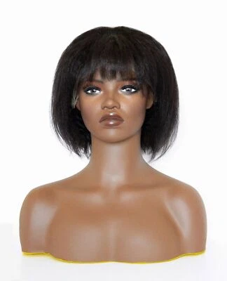 13x4 Lace Front Kinky Straight Bob Wig with Bangs Short Haircut Wig 200% Density - Image 1 of 4