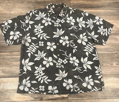Camisa Tommy Bahama Gris con Azul Claro Hibisco Seda Manga Corta Talla XLarge Foto 1 de 3