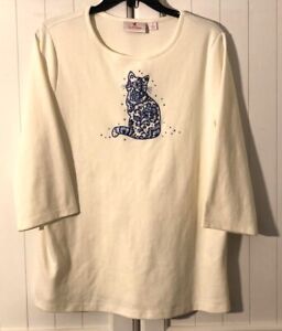 LOVELY Quacker Factory "Embellished/ Embroidered Cat Top- Size M-L  NEW