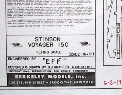 Berkeley STINSON VOYAGER PLAN + PARTS PATTERNS 34" FF / RC Scale Model Airplane - Image 1 of 4