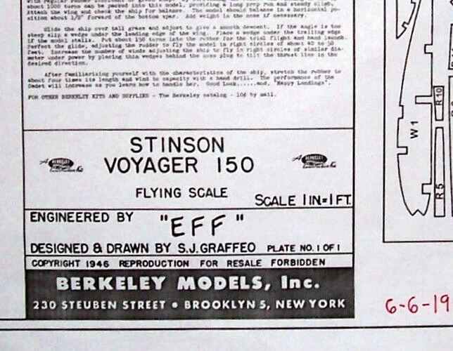 Berkeley STINSON VOYAGER PLAN + PARTS PATTERNS 34" FF / RC Scale Model Airplane - Image 1 of 4