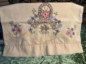 Vintage Hand Embroidered Basket Of Flowers Pillowcase - Picture 1 of 5