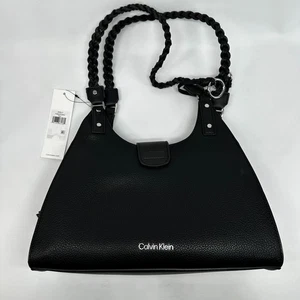 Calvin Klein Shelly Novelty Satchel Bag Black Women's Inner Pockets Leather - Picture 1 of 12