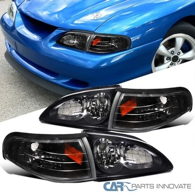 Fit Ford 94-98 Mustang GT SVT Headlights Black+Corner Turn Signal Lamps w/ Amber — 第 1/4 张图片
