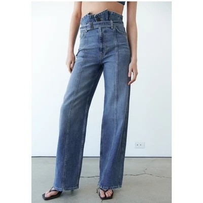 Zara Pleated Paperbag Wide Leg Jeans Size 4 Baggy High Rise Belted Barrel Denim - Image 1 of 4