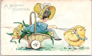 1910s Easter Postcard Humanized Anthro Chicks Pulling Girl in Basket Has a Rip - Picture 1 of 2