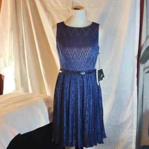 Zigzag Burnout Pleat Midi Dress by Adrianna Papell- Navy- Sz. 8P *NEW with Tags* - Picture 1 of 16