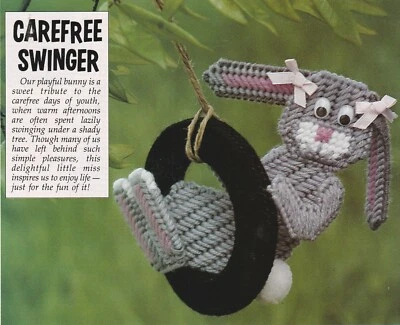 Bunny Swinging on a Tire - 6-1/4"w x 12"h - Plastic Canvas Pattern ONLY - Image 1 of 2