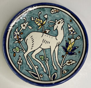 Vtg Jerusalem City Hand Painted Blue Green Ceramic Pottery 4” Plate Deer w/Hook