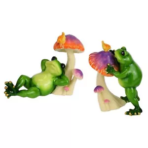 2 Chillaxing Frog Mushroom Garden Ornament Figurine Statue Animal Gift 12cm-14cm - Picture 1 of 3