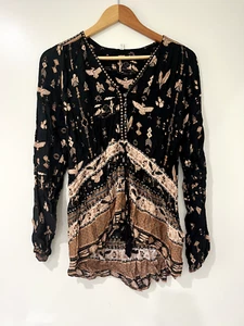 Spell And The Gypsy Boho Long Sleeve Tunic Top Black Tan Size Small - Foto 1 di 10