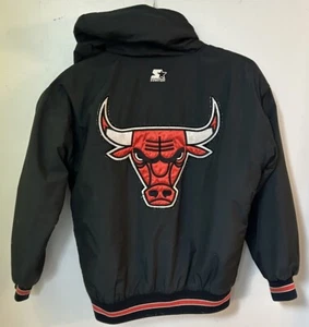 Vintage 90s Starter Jacket (HOODED) Chicago Bulls- S- BLACK/RED Missing Zipper - Picture 1 of 6