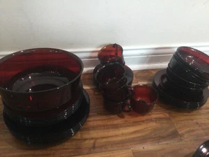37 pc Arcoroc France Classique Ruby Red Glass Service for 6 X6 serving bowl - Picture 1 of 24