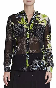 NEW BCBG BLACK COMBO LOORA PRINTED LONG-SLEEVE SILK TOP WPO1R575/S183A SIZE XS - Picture 1 of 3