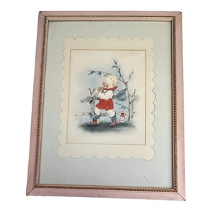 Vintage 1940s Marion Bradford Burgess Boy w/ Horn Pink Framed Lithograph Nursery - Picture 1 of 11