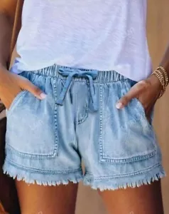 Women s Elastic Waist Frayed Denim Shorts For Vacation And Leisure - Picture 1 of 2