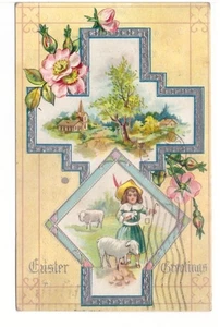 Cartolina Auguri di Pasqua, Scena Rurale, Croce, Pastore, Agnelli, 1911 Winsch Back - Foto 1 di 2