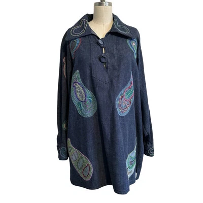 Vintage 70s Denim Paisley Hand Stitched Tunic Large - Image 1 of 4