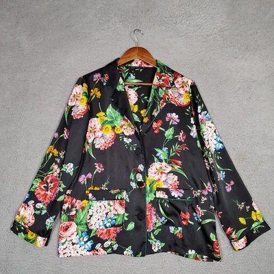 Blazer Zara Para Mujer Mediano Negro Floral Satinado Chaqueta Ligero Preppy Carrera Foto 1 de 4
