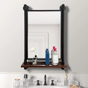 Industrial Pipe Mirror Wood Shelves,Bedroom Mirror with Shelf,Rectangle Iron Wal - Picture 1 of 4