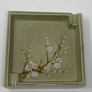 Vintage Square Ceramic Ash Tray Green Hand Painted Floral Branch Made in Italy - Picture 1 of 10
