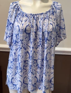 CD Daniels Women’s Size 2X Peasant Top Blouse Blue White Print Subtle Sparkle - Picture 1 of 11