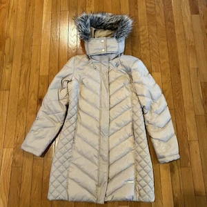 Kenneth Cole Women's Small Tan Champagne Faux-Fur-Trim Hooded Winter Puffer Coat - Picture 1 of 8