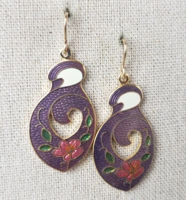 Pendientes de flores PÚRPURA esmaltados Cloisonne alambres de oreja rellenos de oro mejorados Foto 1 de 4