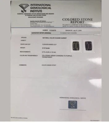 Piedra preciosa suelta de granate verde amarillento a púrpura CC natural de 2,12 quilates con certificación IGI  Foto 1 de 4
