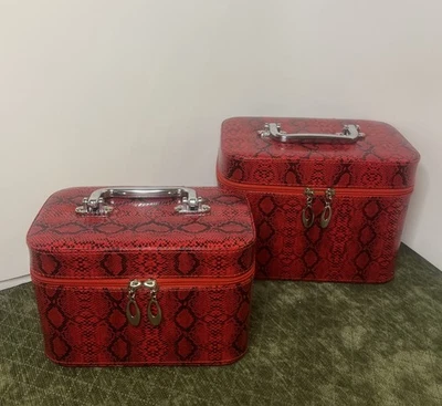 Travel Train Case Makeup Set Of 2 Faux Red Snake Skin Metal Zipper/Handle New - Image 1 of 4