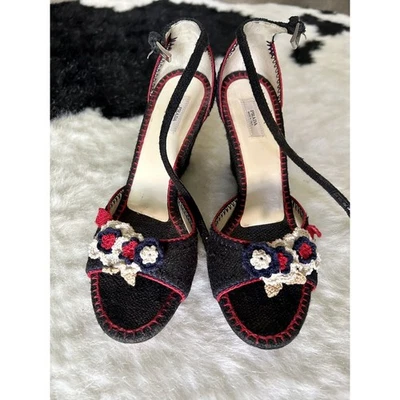 Vintage PRADA Shoes Black, Red Ivory Crochet Flowers Wedges Size: 5.5/36.5 - Image 1 of 4