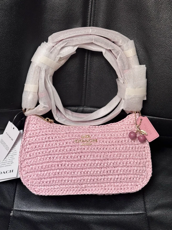 Coach Straw And Leather Teri Shoulder Bag with Cherry Charm CBH59 Pink