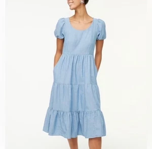 Abito midi J.Crew Factory manica a sbuffo chambray a strati taglia 12 tasche cotone blu - Foto 1 di 10