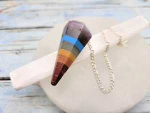 Natural Crystal Bonded 7 Chakra Pendulum / Natural Gemstone Chakra Pendulum - Picture 1 of 8