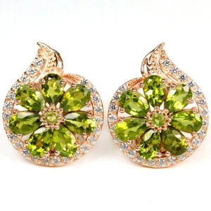 NATURAL AAA GREEN PERIDOT PEAR & WHITE CZ STERLING 925 SILVER FLOWER EARRING - Picture 1 of 6