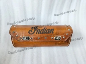 Indian Engraved on Front Fork Tan Leather Tool Roll Bag For Indian Motorcycles - Picture 1 of 15