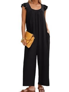 Women's Sleeveless Jumpsuits Casual Scoop Neck Wide Leg Rompers with - Picture 1 of 14