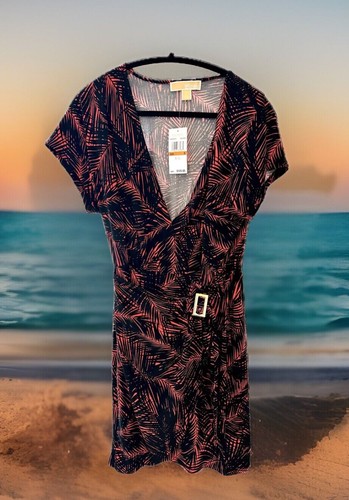 Abito da donna Michael Kors nuovo con etichette corallo marino e nero fibbia collo a V al dettaglio $125 taglia SM