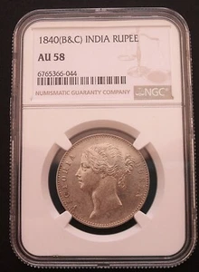 1840 India Rupee , NGC AU 58 , nice silver coin #1765 , #55-11 - Picture 1 of 4