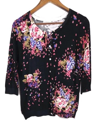Joseph A. Size Large Black Pink Purple Floral Button-Up Sweater Cardigan - Image 1 of 4