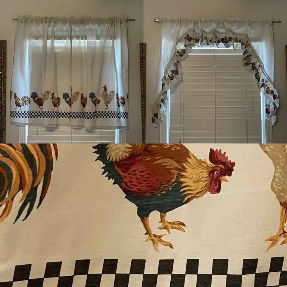 3 Pc Vtg Chicken Rooster Farm Country Curtain Panels Valance Checkered Black - Image 1 of 4