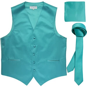 New Men's aqua blue vest Tuxedo Waistcoat_1.5" necktie & hankie set wedding prom - Picture 1 of 4