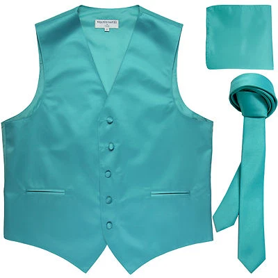 New Men's aqua blue vest Tuxedo Waistcoat_1.5" necktie & hankie set wedding prom - Image 1 of 4