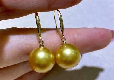 Gorgeous Huge AAAAA 10-11mm Round South Sea Golden pearl earring 14K Yellow Gold - Image 1 of 2