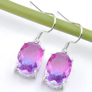 Trendy Oval Bi-Color Tourmaline Gemstone Silver Dangle Hook Earrings 1.25 Inch - Picture 1 of 6