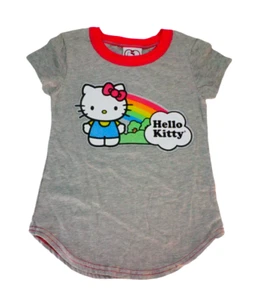 Hello Kitty Girls T Shirt Tee Shirt Top Short Sleeve Glittery Rainbow Grey Gifts - Picture 1 of 6