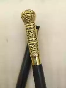 Wooden Walking Cane Long Antique Head Brass Handle Vintage Style Stick - Picture 1 of 5
