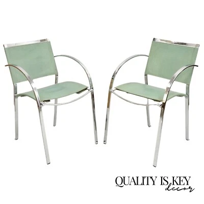 Italian Modern Naos Italy Teal Blue Leather Chrome "Corset" Arm Chairs - a Pair - Image 1 of 4